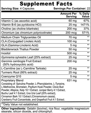 FAT BURNER with MCT combines Vitamin C, Vitamin B6, Choline, Chromium, L-Carnitine,